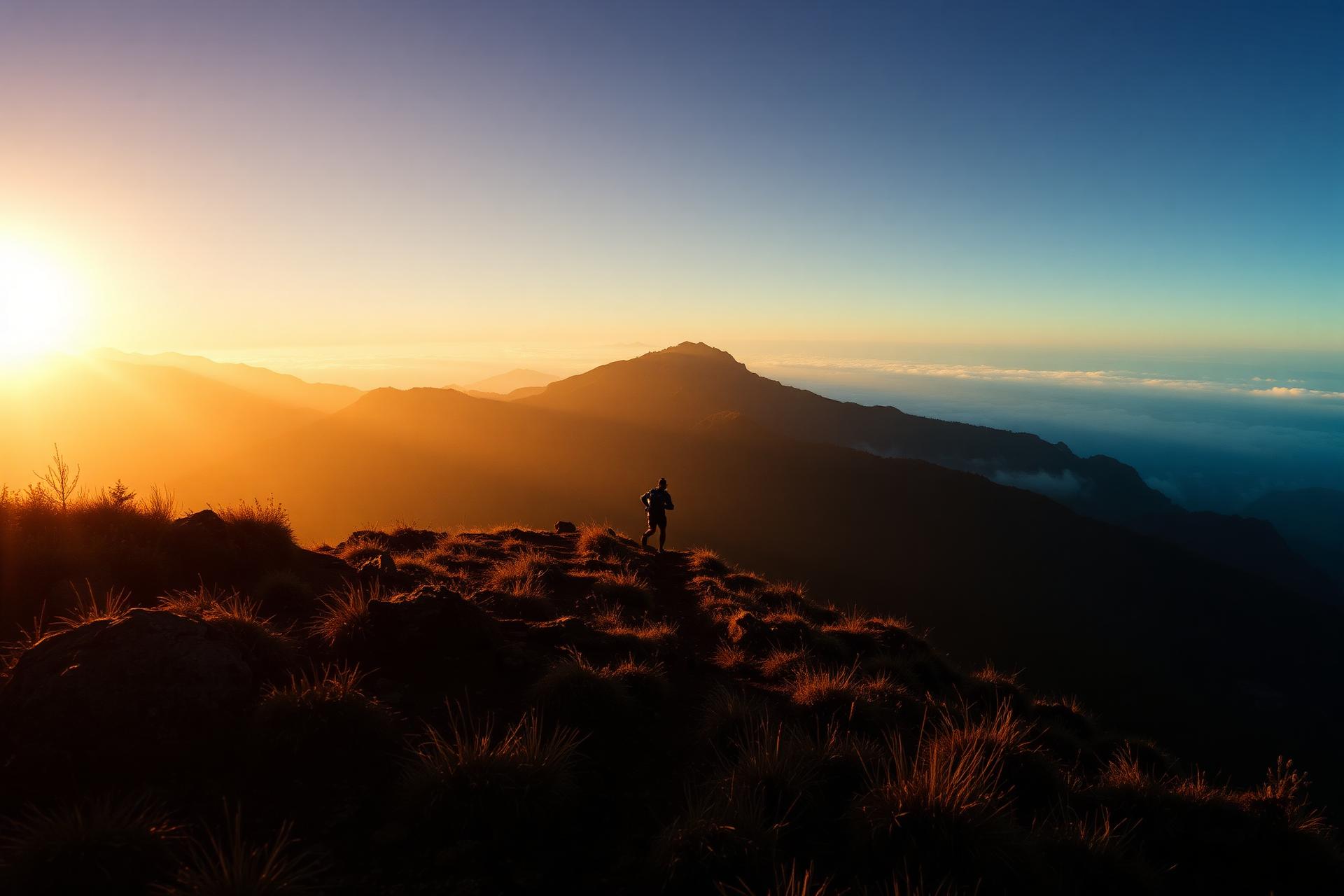 Trail runner cresting a mountain at sunrise